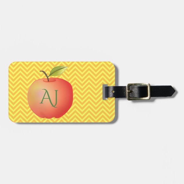 Étiquette À Bagage Gros Rouge Pomme Jaune Chevron Motif Monogramme (Devant horizontal)