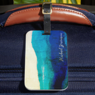 Étiquette À Bagage Grunge Signature Cool Turquoise et Océan Bleu Mer