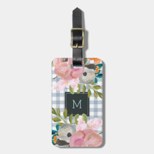 Étiquette À Bagage Guingan floral et bleu d'aquarelle avec le