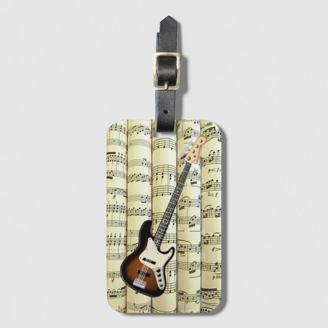 Étiquette À Bagage Guitare électrique 01 Sur Partition Roulée ~ (Devant Vertical)