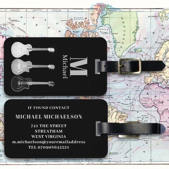 Étiquette À Bagage Guitare électrique moderne personnalisée (Electric guitar black and gray monogram custom travel luggage tag guitarists musicians music lovers)
