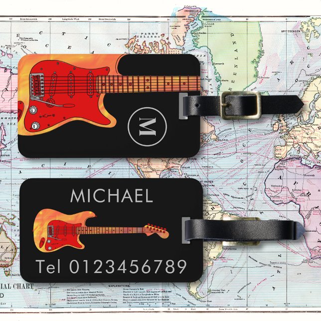 Étiquette À Bagage guitare électrique personnalisée (Fire electric guitar black personalized monogram travel luggage tag)