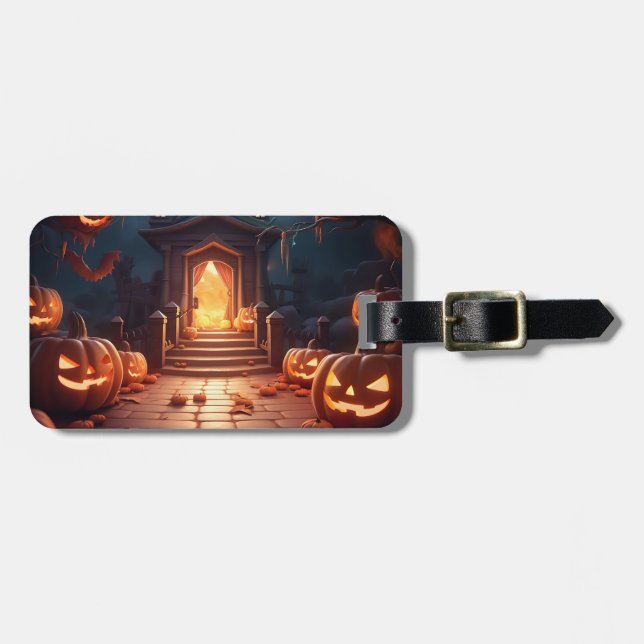 Étiquette À Bagage Halloween Citrouille brillant (Devant horizontal)