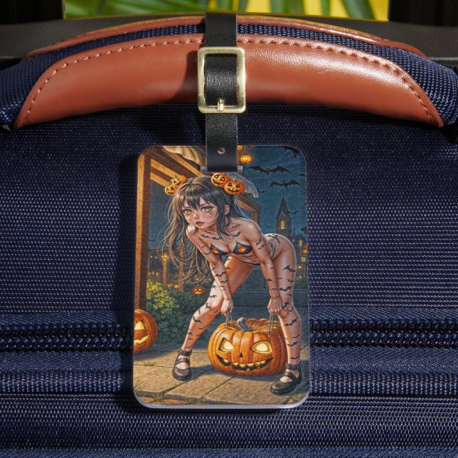 Étiquette À Bagage Halloween Monster Jack-o-Lantern & Bat Vixen Girl (Insitu Rectoal 2)