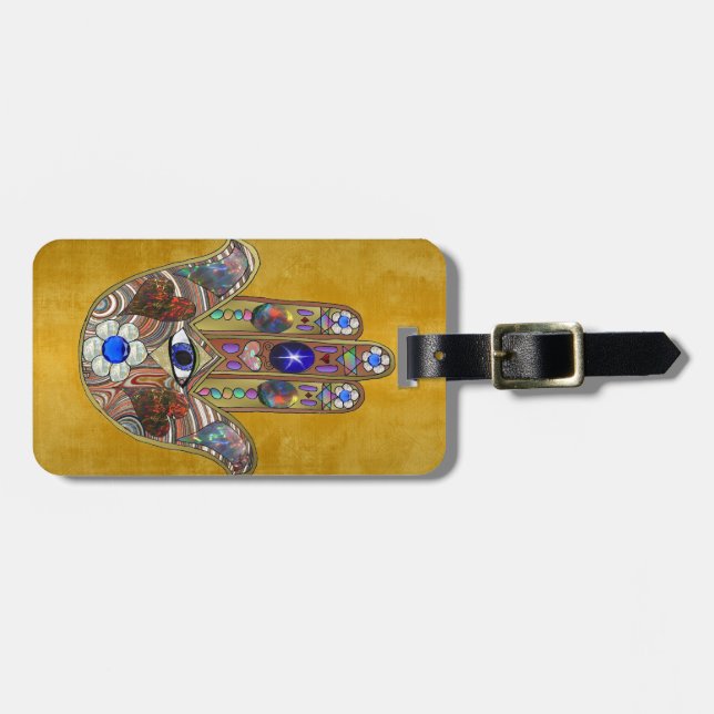 Étiquette À Bagage Hamsa Coeurs Fleurs Opal Art sur Or (Devant horizontal)