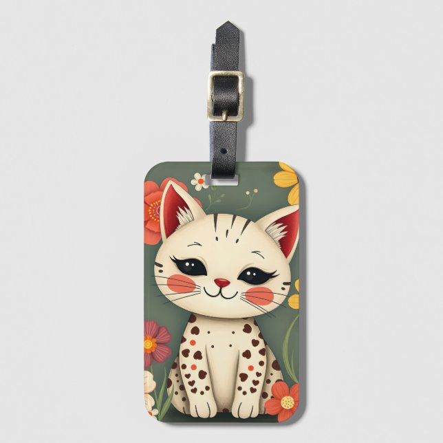 Étiquette À Bagage Happy Spotted Kitty with Flowers (Devant Vertical)