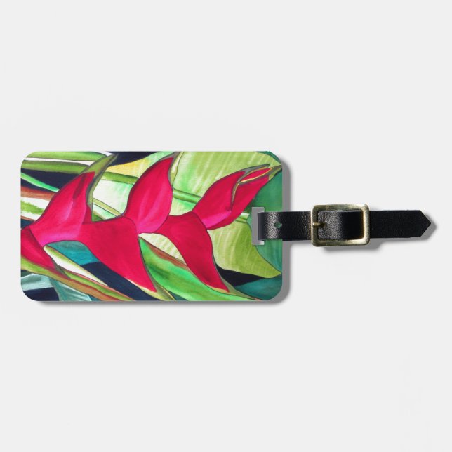Étiquette À Bagage Heliconia Lobster Claw fleur d'aquarelle tropicale (Devant horizontal)