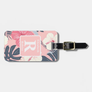 Étiquette À Bagage Hibiscus rose tropical personnalisé Monogramme
