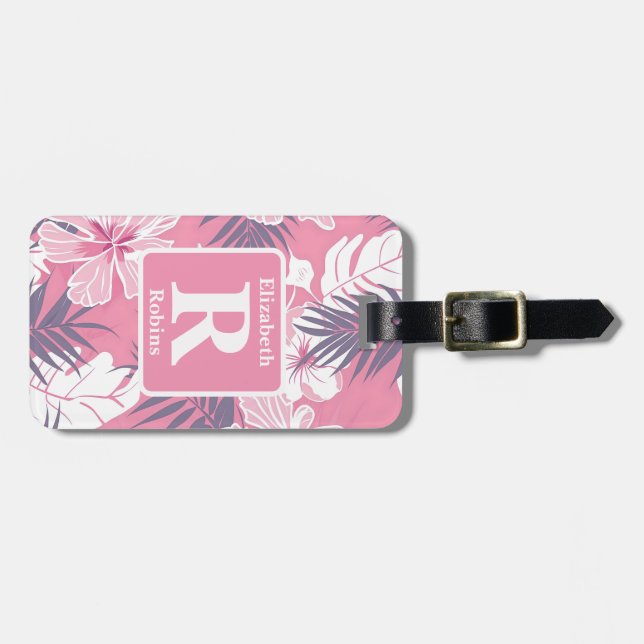 Étiquette À Bagage Hibiscus rose tropical personnalisé Monogramme (Devant horizontal)