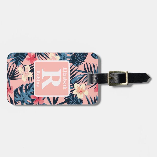 Étiquette À Bagage Hibiscus rose tropical personnalisé Monogramme (Devant horizontal)