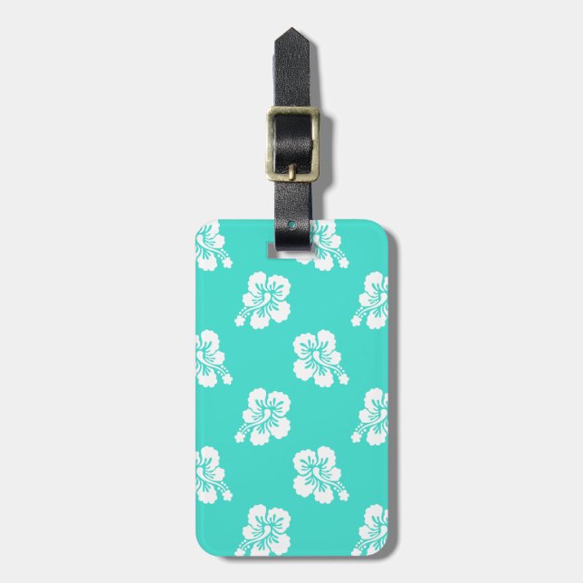 Étiquette À Bagage Hibiscus Turquoise et Blanc Motif Floral (Devant Vertical)