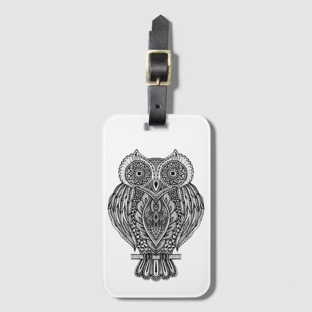 Étiquette À Bagage Hibou fleuri tiré par la main inspiré (Devant Vertical)