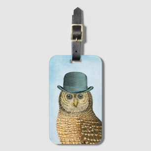 Étiquette À Bagage Hibou vintage dans le casquette vert avec le bleu