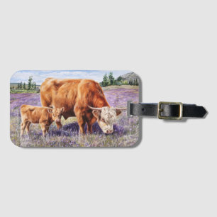 Étiquette À Bagage Highland Cow and Calf Purple Fleurs sauvages