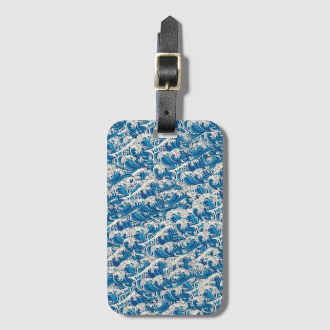 Étiquette À Bagage Hokusai Great Wave Motif Nautical Blue Beach (Devant Vertical)