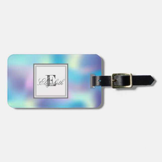 Étiquette À Bagage Holographie cool, Monogramme Personnalisé (Devant horizontal)