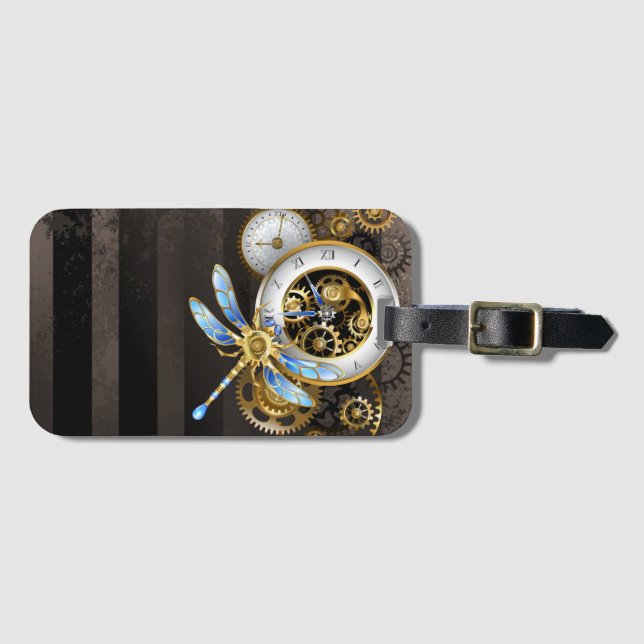 Étiquette À Bagage Horloge à vapeur avec libellule mécanique (Devant Horizontal)