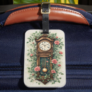 Étiquette À Bagage Horloge Vintage Entourée de Roses et de Vignes