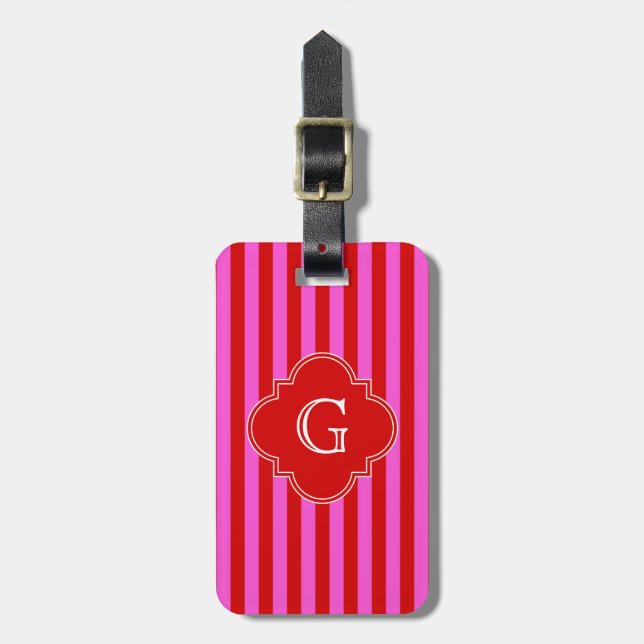 Étiquette À Bagage Hot Pink, Red Stripes, Red Quatrefoil Monogram (Devant Vertical)
