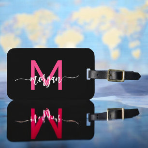 Étiquette À Bagage Hot Pink World Black Traveller Nom du monogramme