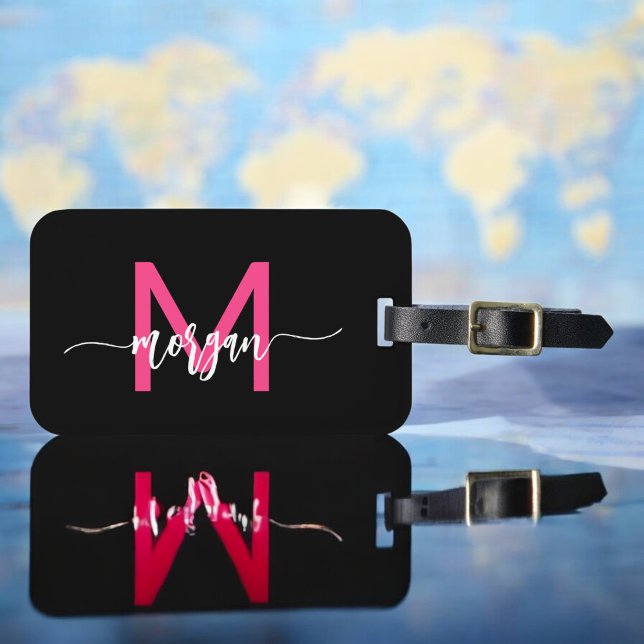 Étiquette À Bagage Hot Pink World Black Traveller Nom du monogramme (Créateur téléchargé)