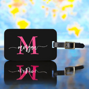 Étiquette À Bagage Hot rose Black World Voyageur Nom du monogramme