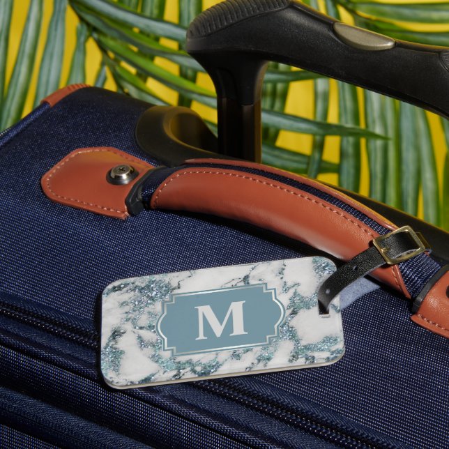 Étiquette À Bagage Ice Blue Faux Marbre Parties scintillant Monogramm (Insitu Rectoal 3)
