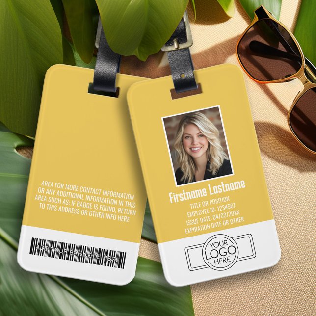 Étiquette À Bagage ID photo employé moderne jaune, logo professionnel (Custom Logo Luggage Tag - Company Bag Tag)