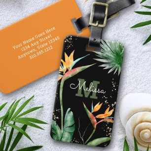 Étiquette À Bagage Ile tropicale Monogramme Floral Script Or Noir