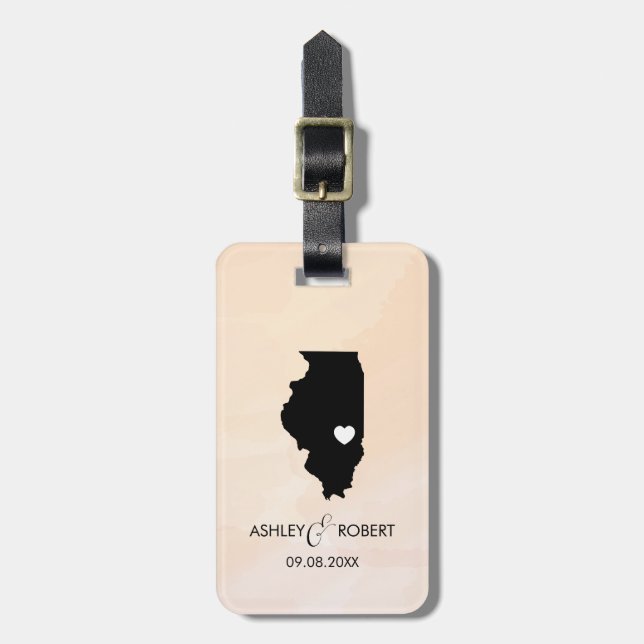 Étiquette À Bagage Illinois Map Mariage bagage balise, nom du couple (Devant Vertical)