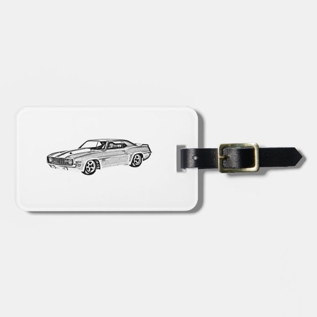 Étiquette À Bagage Illustration 1969 noire et blanche de Camaro Z28 (Devant horizontal)