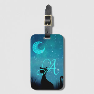 Étiquette À Bagage Illustration de chat noir à monogramme ciel étoilé