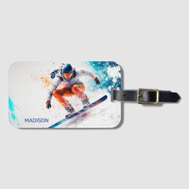 Étiquette À Bagage Illustration de snowboarder de nom personnalisé (Devant Horizontal)