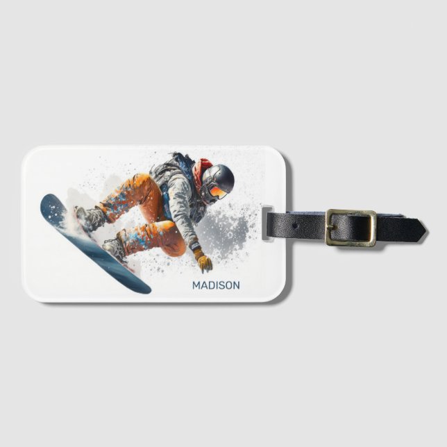Étiquette À Bagage Illustration de snowboarder de nom personnalisé (Devant Horizontal)