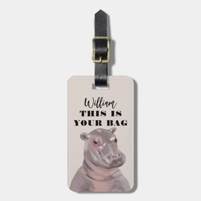 Étiquette À Bagage Illustration drôle Hippo personnalisée (Devant Vertical)