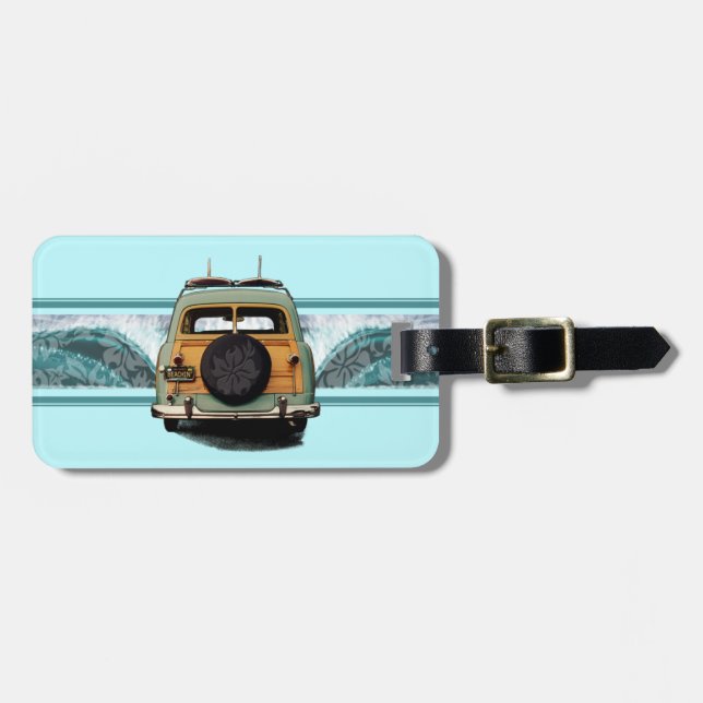 Étiquette À Bagage Illustration du Surf hawaïen Woody Wave (Devant horizontal)
