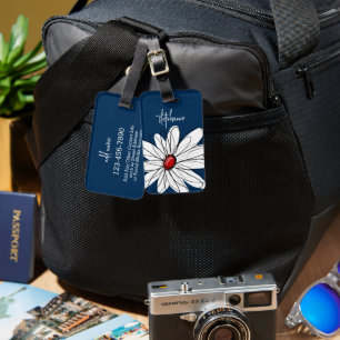 Étiquette À Bagage Illustration florale de Daisy tendance - bleu mari