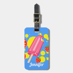 Étiquette À Bagage Illustration Fun Pink Popsicle and Strawberries