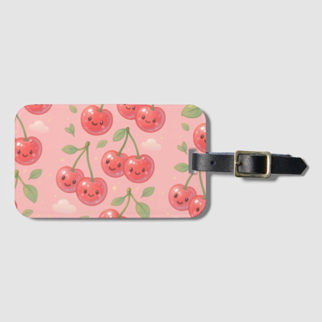 Étiquette À Bagage Illustration joyeuse de Kawaii Cherry Motif (Devant Horizontal)