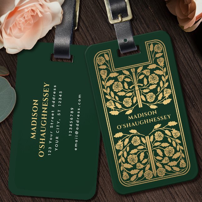 Étiquette À Bagage Imaginaire médiéval vert Nom de l'épée d'or (Créateur téléchargé)