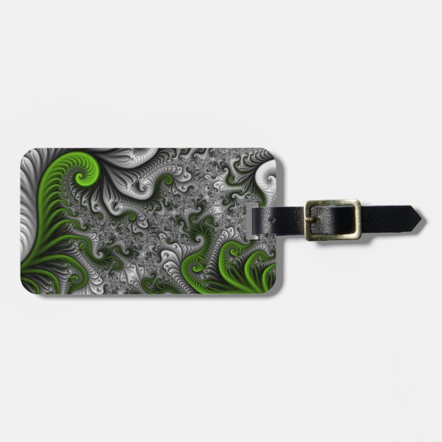 Étiquette À Bagage Imaginaire Monde Vert Et Gris Art Fractal Abstrait (Devant horizontal)