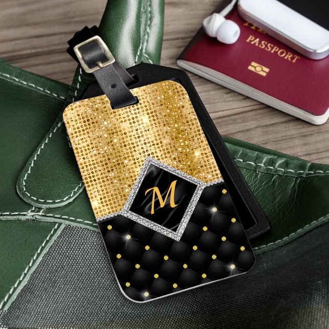 Étiquette À Bagage Impression stylisée Crystal Gold diamant noir mono (Créateur téléchargé)