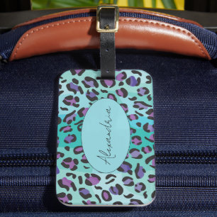 Étiquette À Bagage Imprimé léopard bleu et violet rétro