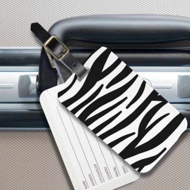 Étiquette À Bagage imprimé zèbre noir blanc (girly chic stylish black white zebra print luggage tag)