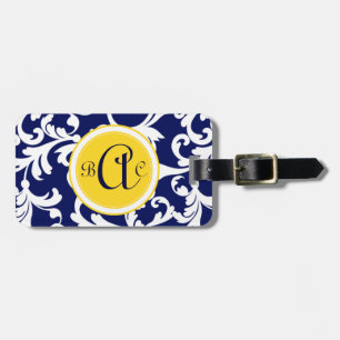 Étiquette À Bagage Imprimer les Damas monogrammes bleu et jaune de la
