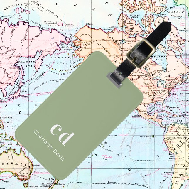 Étiquette À Bagage Initiales de monogramme blanc vert Sage (Créateur téléchargé)