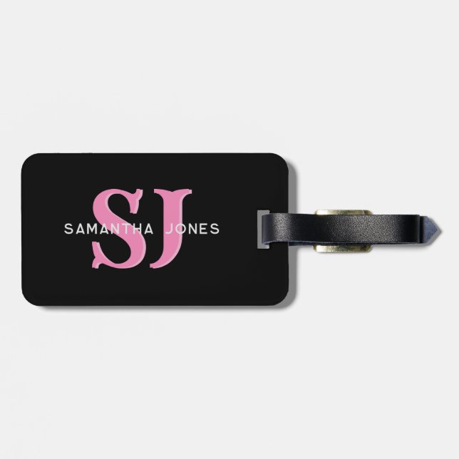 Étiquette À Bagage Initiales minimaux gras rose noir (Dos horizontal)