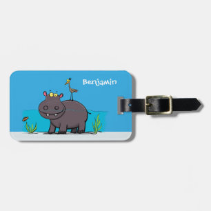 Étiquette À Bagage Ippopotame drôle mignon avec dessin animé d'oiseau