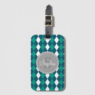 Étiquette À Bagage Jacquard Motif bleu vert gris monogramme