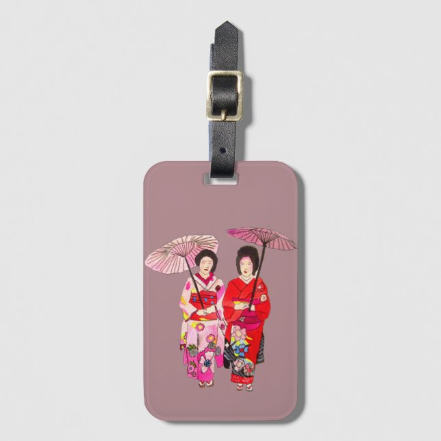 Étiquette À Bagage Japonais mignon Geisha avec kimono rose (Devant Vertical)